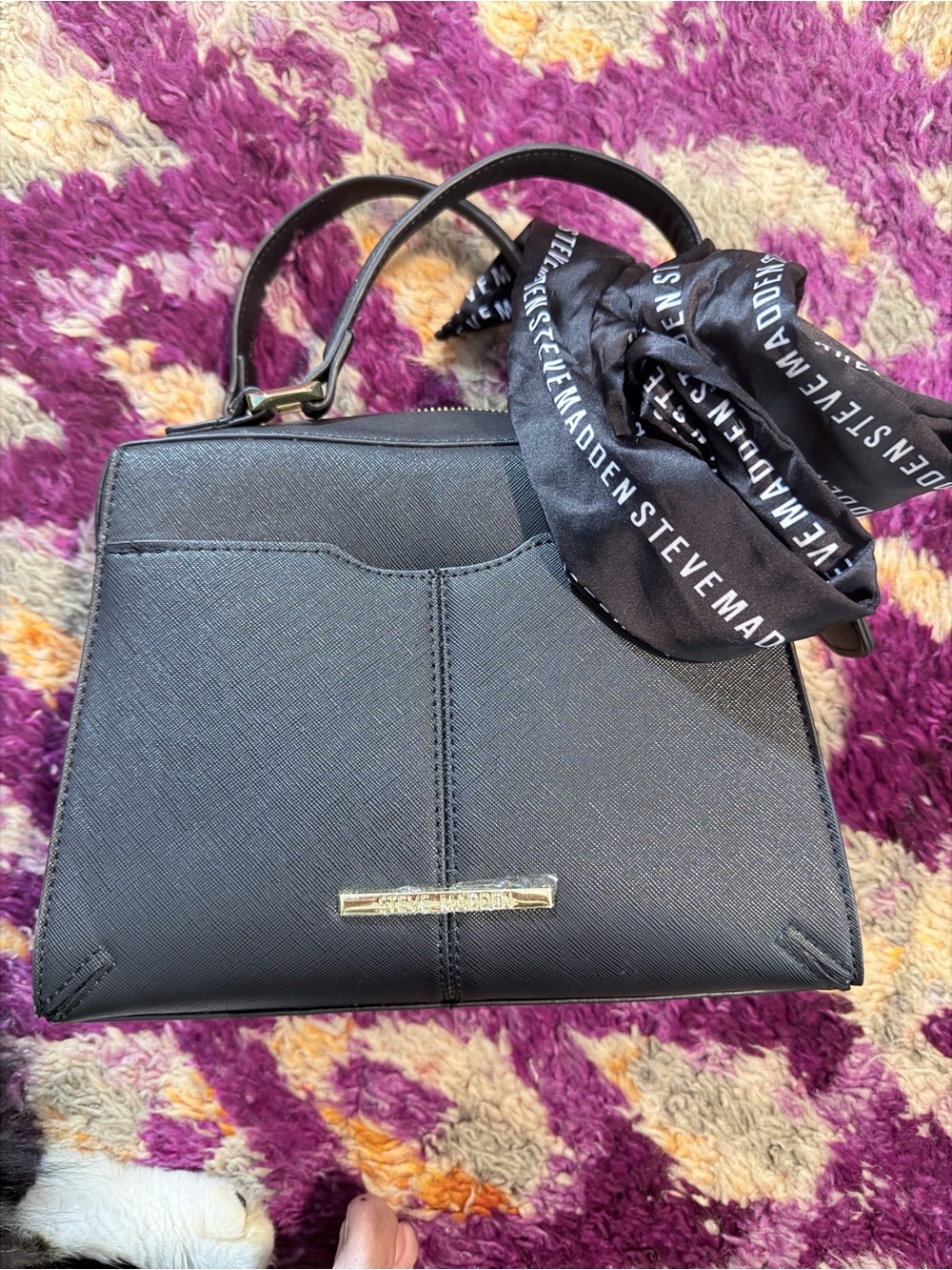Steve Madden Black Structured Top-Handle Satchel with Branded Scarf